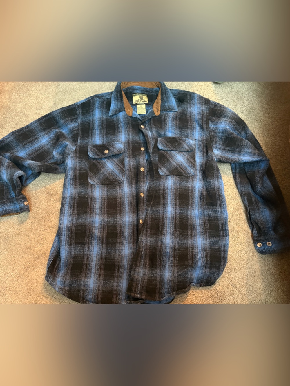 Field & Stream Navy Plaid Shirt with Brown Corduroy Collar